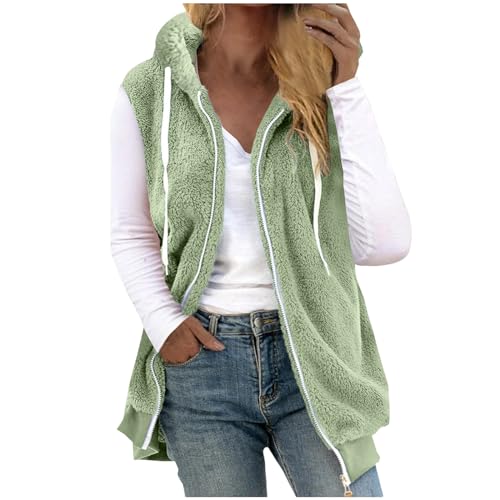 Plüschweste Damen Einfarbig Ärmellos Weste mit Kapuze Lange Winterjacke Warme Plüschjacke Große Größen Jacke Winter Übergangsjacke Locker Wintermantel Zip Up Kapuzenjacke Damenweste Plüsch Vest Mantel von NZYIHAO