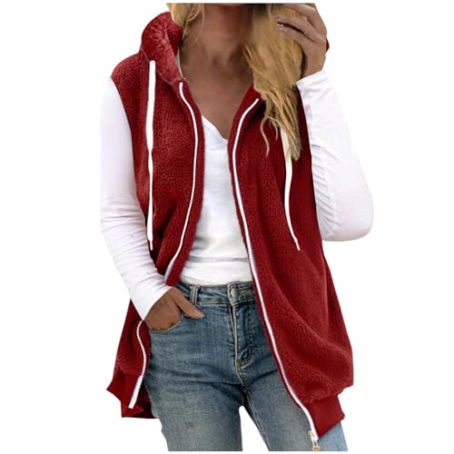 Plüschweste Damen Einfarbig Ärmellos Weste mit Kapuze Lange Winterjacke Warme Plüschjacke Große Größen Jacke Winter Übergangsjacke Locker Wintermantel Zip Up Kapuzenjacke Damenweste Plüsch Vest Mantel von NZYIHAO