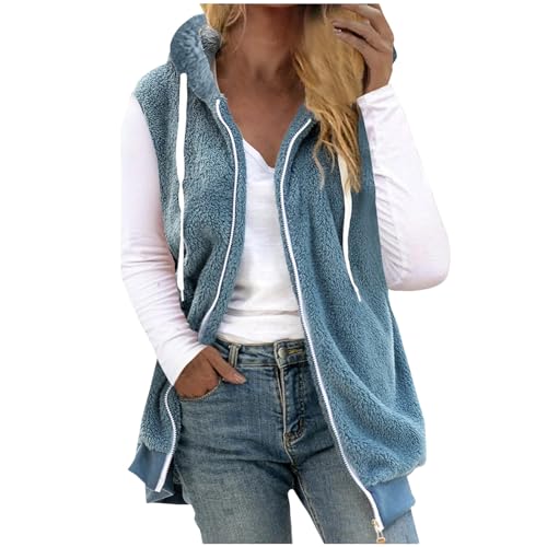 Plüschweste Damen Einfarbig Ärmellos Weste mit Kapuze Lange Winterjacke Warme Plüschjacke Große Größen Jacke Winter Übergangsjacke Locker Wintermantel Zip Up Kapuzenjacke Damenweste Plüsch Vest Mantel von NZYIHAO