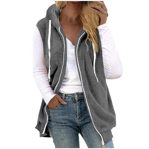 Plüschweste Damen Einfarbig Ärmellos Weste mit Kapuze Lange Winterjacke Warme Plüschjacke Große Größen Jacke Winter Übergangsjacke Locker Wintermantel Zip Up Kapuzenjacke Damenweste Plüsch Vest Mantel von NZYIHAO
