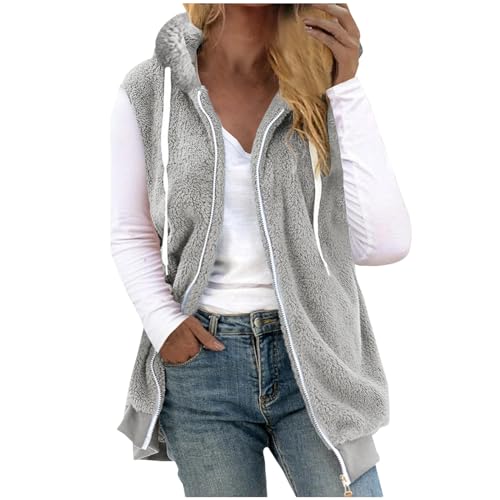 Plüschweste Damen Einfarbig Ärmellos Weste mit Kapuze Lange Winterjacke Warme Plüschjacke Große Größen Jacke Winter Übergangsjacke Locker Wintermantel Zip Up Kapuzenjacke Damenweste Plüsch Vest Mantel von NZYIHAO