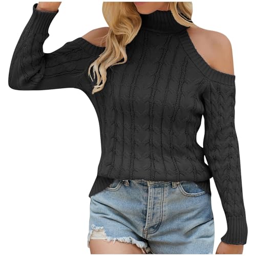 Pullover Damen Black Friday Angebote 2024 Sexy Schulterfrei Pullover Einfarbig Rollkragenpullover Langarm Sweatshirt Strick Langarmshirt Rollkragen Pulli Locker Strickpullover Bequem Blusenshirt von NZYIHAO