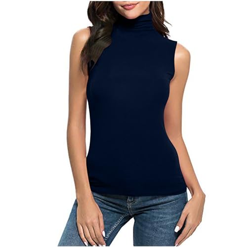 Rollkragenpullover Damen Ärmellos Oberteile Elegant Einfarbig Pullover Rollkragen Tops Slim Fit Weste Leichte Rollkragenshirt Basic Tshirt Atmungsaktiv Bluse Stretch Shirt Bequem Pulli Longbluse von NZYIHAO