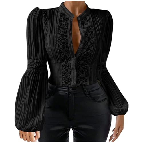 Silvester Outfit Damen Spitzen Hemd Damen Elegant Einfarbig Bluse Spitze Nähen Langarmshirt Stehkragen Hemden mit Knöpfen Laternenärmel Spitzenbluse Große Größen Oberteile Leichte Spitzentop Blusen von NZYIHAO