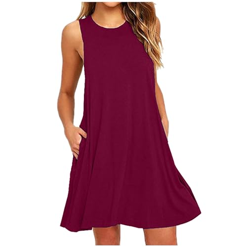 Sommerkleider Damen Leicht und Luftig Sommerkleid Damen Elegant Kleider Ärmellos Strandkleid Rundhals Shirtkleid Midi Tunikakleid Leichte Blusenkleid Einfarbig Kleid Midikleid Tunika mit Taschen 2025 von NZYIHAO