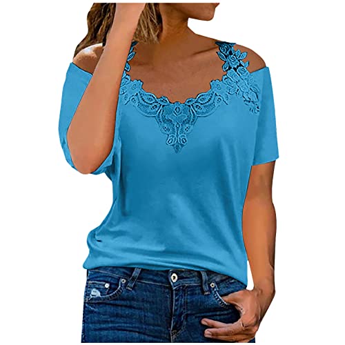 Spitzen Oberteile Damen Schulterfreies Spitzentop Elegant Bluse V-Ausschnitt Shirt mit Spitze Sommer Tshirt Kurzarm Tops Große Größen Spitzenbluse Einfarbig T Shirt Patchwork Tunika Streetwear von NZYIHAO