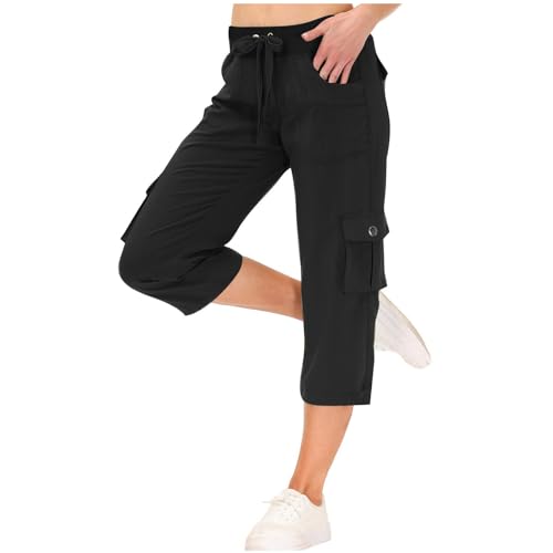 Sporthose Damen Sale angebote Caprihose Damen 3/4 Cargohose Casual Einfarbig Sommerhose Cargo Hosen Sommer Jogginghose Leichte Hose Große Größen Freizeithose Baumwolle Stoffhose Kordelzug Pants von NZYIHAO