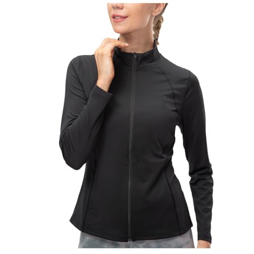Sportjacke Damen Nylon Einfarbig Jacke Sportlich Sweatjacke ohne Kapuze Enges Trainingsjacke Atmungsaktiv Laufjacke Langarm Stehkragen Herbstjacke Leichte Mantel mit Taschen zum Yoga Training Fitness von NZYIHAO