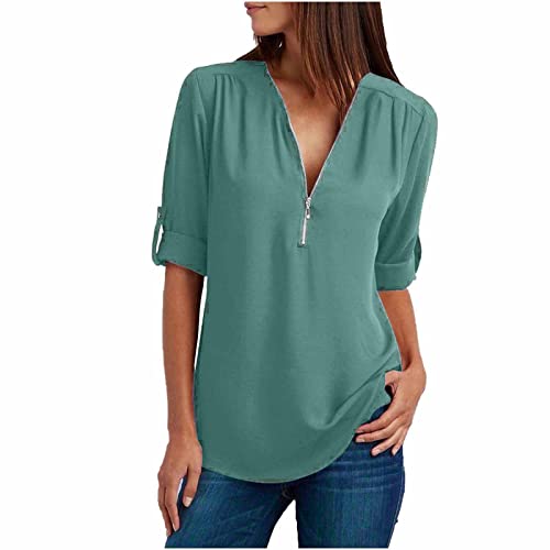 Sportshirt Damen Sommer Tshirt Chiffon Bluse Damen Elegant Einfarbig Langarmshirt V-Ausschnitt Tshirt mit 1/4 Zipper Sommer Oberteile Locker Shirt Leichte Pullover Große Größen Tunika Bequem Blusen von NZYIHAO