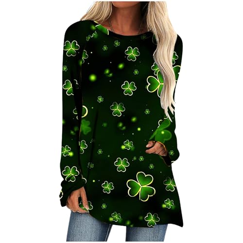 St. Patrick's Day Longshirt Damen Lange Pullover Irischer Kleeblatt Druck Bluse Lose Oberteile Casual Tunika Basic Shirt Pulli Tops mit Rundhalsausschnitt Wichtel Langarmshirt Laufshirt T-Shirt von NZYIHAO