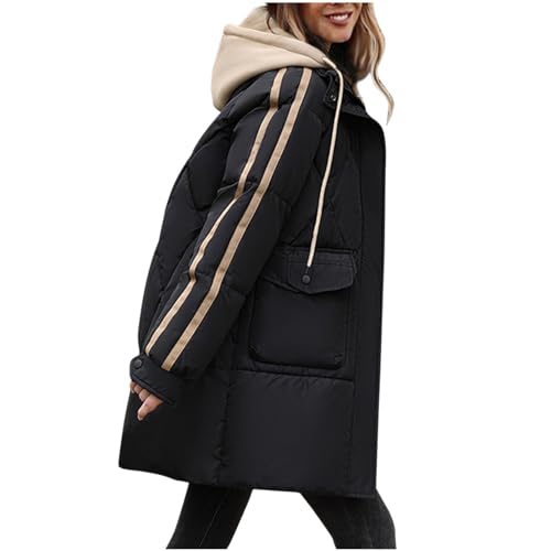 Steppjacke Damen Lange Winterjacke mit Kapuze Mode Gestreift Jacke Große Größen Steppmantel Warme Wintermantel Winter Übergangsjacke Locker Kapuzenjacke Zip Up Skijacke Langarm Mantel Wanderjacke von NZYIHAO