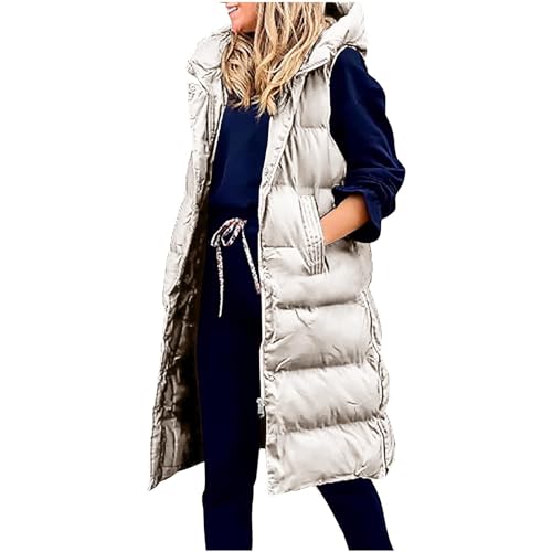 Steppweste Damen Ärmellos Weste Einfarbig Winterjacke Lange Jacke mit Kapuze Große Größen Übergangsjacke Warme Steppjacke Locker Wintermantel Winter Longweste Zip Up Steppmantel Taschen Mantel von NZYIHAO