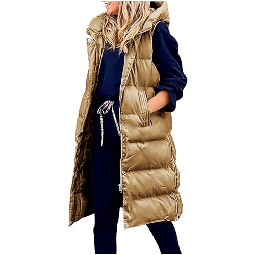 Steppweste Damen Ärmellos Weste Einfarbig Winterjacke Lange Jacke mit Kapuze Große Größen Übergangsjacke Warme Steppjacke Locker Wintermantel Winter Longweste Zip Up Steppmantel Taschen Mantel von NZYIHAO