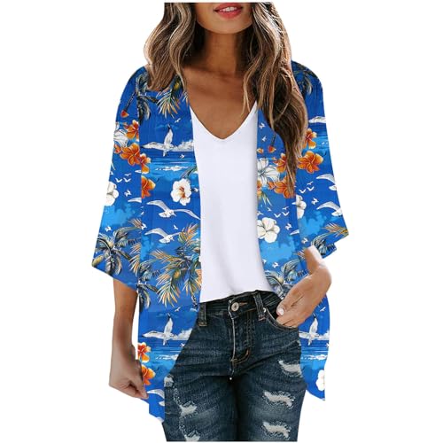 Strandtunika Geschenke für Frauen Chiffon Strickjacke Damen Hawaii Cardigan Sommer Bolero Bedruckte Jacke Dünne Sommerjacke 3/4 Arm Bluse Lang Blouson Locker Top Longshirt Leichte Outfit Boho Blusen von NZYIHAO