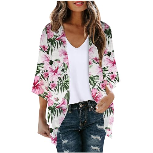 Strickjacke Damen Meine bestellungen anzeigen Chiffon Strickjacke Damen Hawaii Cardigan Sommer Bolero Bedruckte Jacke Dünne Sommerjacke 3/4 Arm Bluse Lang Blouson Locker Top Longshirt Leichte Blusen von NZYIHAO