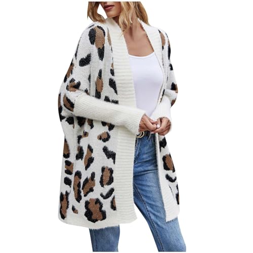 Strickjacke Damen Modische Leoparden Winterjacke Lange Strickmantel Open Front Jacke Warme Wintermantel Locker Cardigan Langarm Mantel Herbst Winter Grobstrickjacke Übergangsjacke Longstrickjacke von NZYIHAO