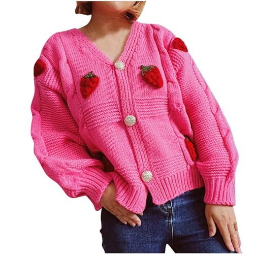 Strickjacke Damen Süße Winterjacke mit Erdbeer Muster Langarm V-Ausschnitt Jacke Einreihige Sweater Kurze Strickmantel Warme Cardigan Winter Übergangsjacke Locker Wintermantel Mantel Grobstrickjacke von NZYIHAO