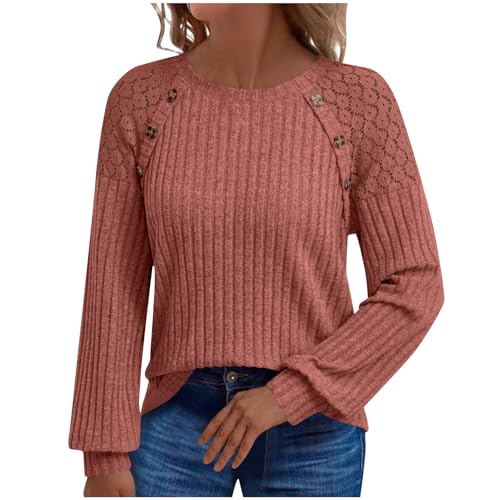 Strickpullover Damen, Strickpullover Damen Elegant Langarmshirt Spitze Patchwork Pullover mit Knöpfen Langarm Tunika Einfarbig Oberteile Lockere Passform Shirt Weihnachtspullover Leichte Sweatshirt von NZYIHAO