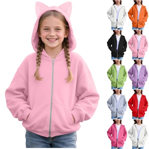 Sweatjacke Mädchen Zipper Kapuzenjacke mit Katzenohren Hoodie Jacke Kapuze Sweatshirt Kinder Langarm Übergangsjacke Leichte Lockere Strickjacke Sportlich Outerwear Einfarbig Sportjacke Streetwear von NZYIHAO