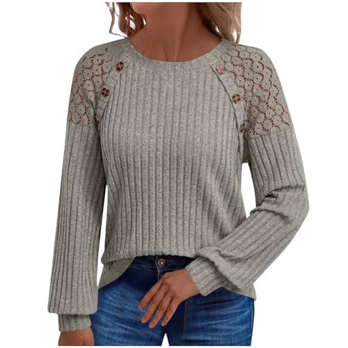 Sweatshirt Damen, Strickpullover Damen Elegant Langarmshirt Spitze Patchwork Pullover mit Knöpfen Langarm Tunika Einfarbig Oberteile Lockere Passform Shirt Weihnachtspullover Leichte Sweatshirt von NZYIHAO