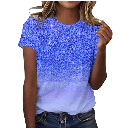 T-Shirt Damen Pailletten Druck Bluse Modisches Pullover Glitzer Print Oberteile Rundhalsausschnitt Tops Kurzarm Shirt Farbverlauf Pulli Bequem Tshirt Locker Atmungsaktiv Streetwear Karneval Kleidung von NZYIHAO