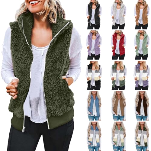 Teddy Fleece Weste Damen Winter Warm, Ärmellos Fellweste Damen Einfarbig V-Ausschnitt Knöpfen Fleeceweste aus Teddyfell, Fell Weste Kurz Plüschweste Teddyweste Teddy Fleece Weste Damen Damenweste von NZYIHAO