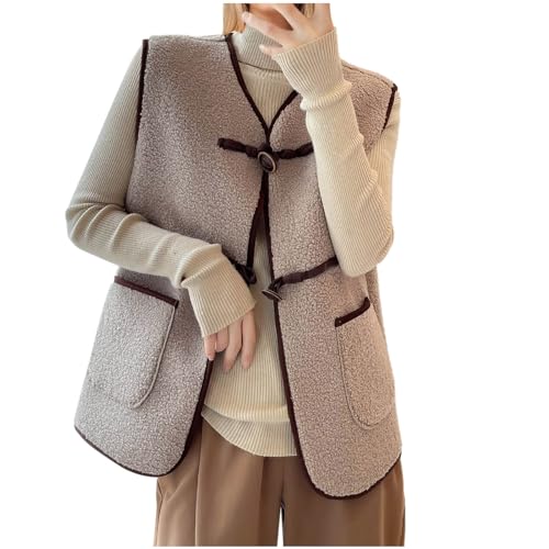 Teddy Weste Damen Ärmellos Kurze Fleeceweste Einfarbig Winterjacke V-Ausschnitt Jacke Westen Herbst Winter Übergangsjacke Damenweste Mantel Leichte Fleecejacke Teddyjacke Angebote des tages heute von NZYIHAO