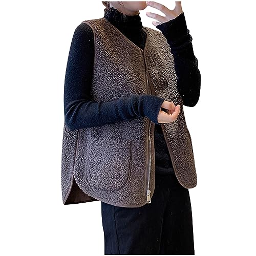 Teddy Weste Damen Ärmellos Kurze Fleeceweste Einfarbig Winterjacke V-Ausschnitt Jacke Westen Herbst Winter Übergangsjacke Damenweste Mantel Leichte Fleecejacke Teddyjacke mit Taschen Warme Winterweste von NZYIHAO