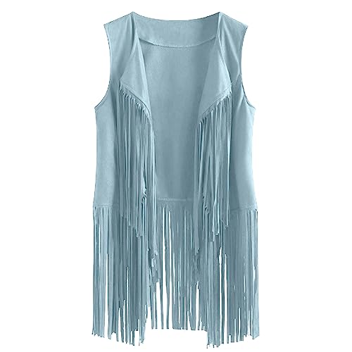 Wildleder Weste Damen Ärmellos Fransenweste Hippie Kostüm Lang Fransenjacke Einfarbig Jacke mit Fransen Große Größe Strickjacke Quasten Wildlederjacke Lose Übergangsjacke Leicht Vest Mantel Streetwear von NZYIHAO