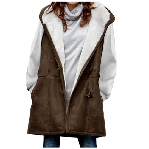 Wildleder Weste Damen Einfarbig Ärmellos Fleeceweste Dicke Warme Winterjacke Hornknopf Strickjacke Gefütterter Jacke mit Kapuze Herbst Winter Übergangsjacke Lang Wintermantel Lose Mantel Kapuzenjacke von NZYIHAO