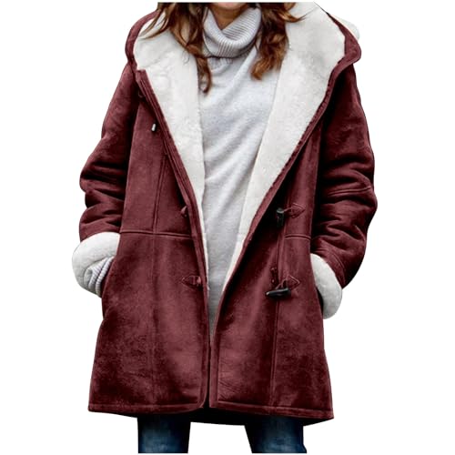 Winterjacke Damen Black Friday Angebote 2024 Winterjacke Damen Wildleder Fleecejacke Einfarbig Jacke Winter Mantel mit Kapuze Lang Plüschjacke Gefüttert Fleece Wildlederjacke Große Größen Outwear von NZYIHAO