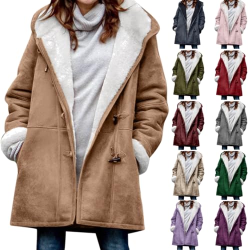 Wintermantel Damen Sale Angebote Winterjacke Damen Wildleder Fleecejacke Einfarbig Jacke Winter Mantel mit Kapuze Lang Plüschjacke Gefüttert Fleece Wildlederjacke Große Größen Wintermantel Outwear von NZYIHAO