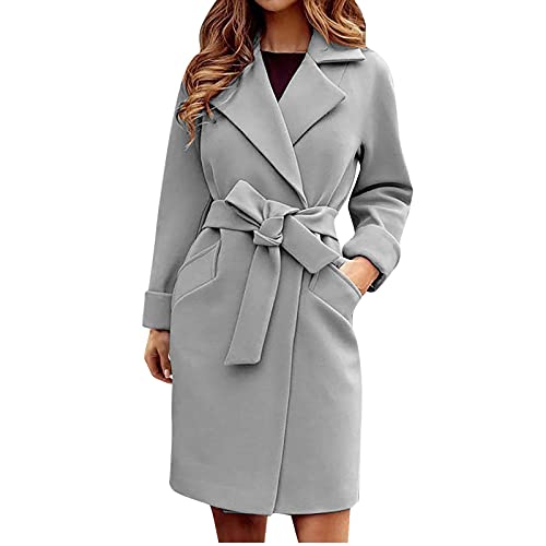 Wollmantel Damen Lange Trenchcoat mit Gürtel Elegant Einfarbig Wolljacke Reverskragen Jacke Langarm Übergangsjacke Winterjacke Herbst Winter Mantel Warme Wintermantel Übergangsmantel Oberbekleidung von NZYIHAO