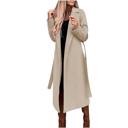 Wollmantel Damen Lange Winterjacke Elegant Einfarbig Trenchcoat Langarm Reverskragen Jacke Dicke Warme Wolljacke Windbreaker mit Verstellbarer Gürtel Locker Wintermantel Windjacke Mantel Outwear von NZYIHAO