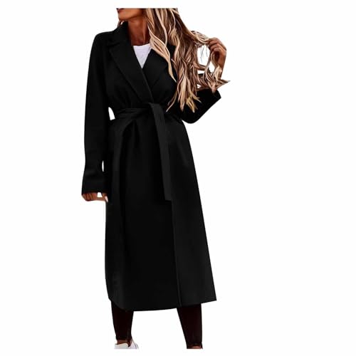 Wollmantel Damen Lange Winterjacke Elegant Einfarbig Trenchcoat Langarm Reverskragen Jacke Dicke Warme Wolljacke Windbreaker mit Verstellbarer Gürtel Locker Wintermantel Windjacke Mantel Outwear von NZYIHAO