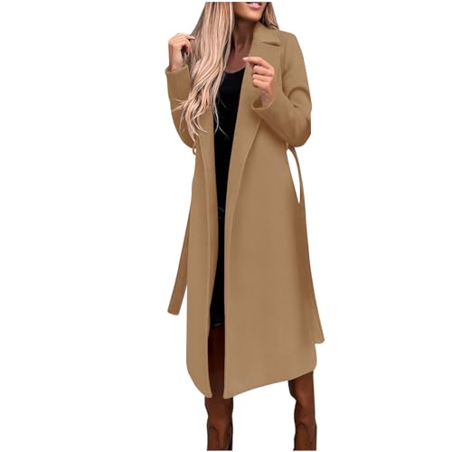 Wollmantel Damen Lange Winterjacke Elegant Einfarbig Trenchcoat Langarm Reverskragen Jacke Dicke Warme Wolljacke Windbreaker mit Verstellbarer Gürtel Locker Wintermantel Windjacke Mantel Outwear von NZYIHAO