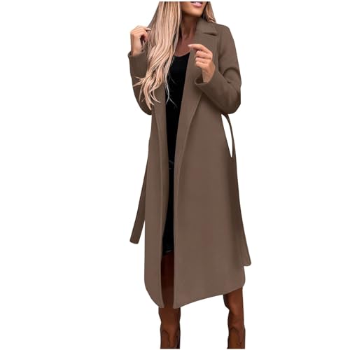 Wollmantel Damen Lange Winterjacke Elegant Einfarbig Trenchcoat Langarm Reverskragen Jacke Dicke Warme Wolljacke Windbreaker mit Verstellbarer Gürtel Locker Wintermantel Windjacke Mantel Outwear von NZYIHAO