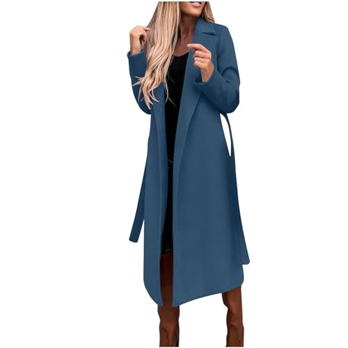 Wollmantel Damen Lange Winterjacke Elegant Einfarbig Trenchcoat Langarm Reverskragen Jacke Dicke Warme Wolljacke Windbreaker mit Verstellbarer Gürtel Locker Wintermantel Windjacke Mantel Outwear von NZYIHAO