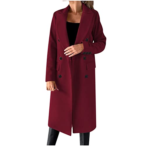 Wollmantel Damen Lange Winterjacke Elegant Einfarbig Trenchcoat Langarm Reverskragen Jacke Dicke Warme Wolljacke Windbreaker mit Verstellbarer Gürtel Locker Wintermantel Windjacke Mantel Outwear von NZYIHAO