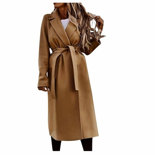 Wollmantel Damen Lange Winterjacke Elegant Einfarbig Trenchcoat Langarm Reverskragen Jacke Dicke Warme Wolljacke Windbreaker mit Verstellbarer Gürtel Locker Wintermantel Windjacke Mantel Outwear von NZYIHAO