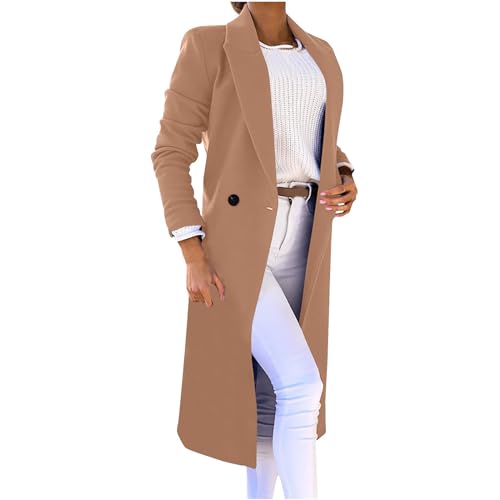 Wollmantel Damen Lange Winterjacke Elegant Einfarbig Trenchcoat Langarm Reverskragen Jacke Dicke Warme Wolljacke Windbreaker mit Verstellbarer Gürtel Locker Wintermantel Windjacke Mantel Outwear von NZYIHAO