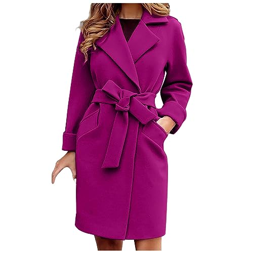 Wollmantel Damen Lange Winterjacke Elegant Einfarbig Trenchcoat Langarm Reverskragen Jacke Dicke Warme Wolljacke Windbreaker mit Verstellbarer Gürtel Locker Wintermantel Windjacke Mantel Outwear von NZYIHAO