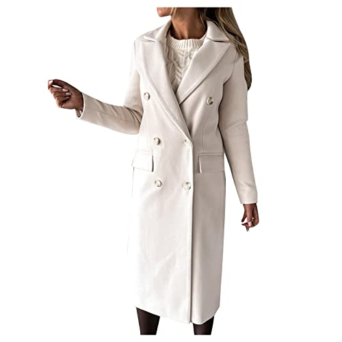 Wollmantel Damen Lange Winterjacke Elegant Einfarbig Trenchcoat Langarm Reverskragen Jacke Dicke Warme Wolljacke Windbreaker mit Verstellbarer Gürtel Locker Wintermantel Windjacke Mantel Outwear von NZYIHAO