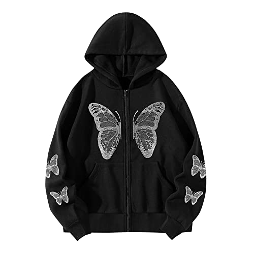 Y2K Sweatjacke Damen Gothic Schmetterling Druck Jacke Halloween Kostüm Zip Up Hoodie Leichte Kapuzejacke Langarm Kapuzenpullover Übergangsjacke Herbst Winter Kapuze Sweatshirt Sweatshirtjacke Mantel von NZYIHAO