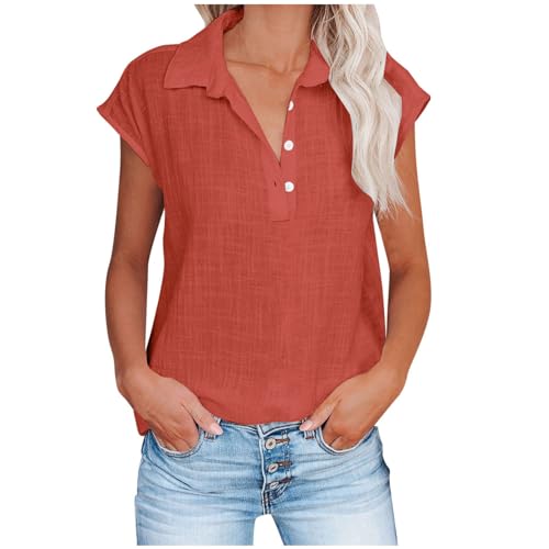 blusen & Tuniken für Damen Musselin Bluse Damen V-Ausschnitt Tshirt mit Knöpfen Vintage Einfarbig Leinenbluse Sommer Oberteile Kurzarm Hemdbluse Baumwolle Leinen Shirt Große Größen Leinenhemd Blusen von NZYIHAO