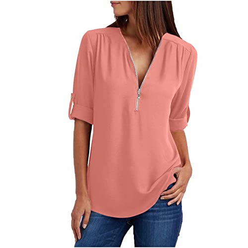 blusen & tuniken für damen Chiffon Bluse Damen Elegant Einfarbig Langarmshirt V-Ausschnitt Tshirt mit 1/4 Zipper Sommer Oberteile Locker Shirt Leichte Pullover Große Größen Tunika Bequem Blusen von NZYIHAO