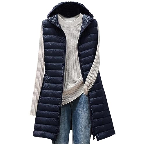 daunenweste damen lang übergangsjacke damen sommer Lange Steppweste Damen Ärmellos Weste mit Kapuze Einfarbig Winterjacke Leichte Jacke Große Größen Wintermantel Reißverschluss Steppjacke Locker von NZYIHAO