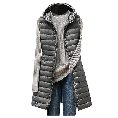 daunenweste damen lang übergangsjacke damen sommer Lange Steppweste Damen Ärmellos Weste mit Kapuze Einfarbig Winterjacke Leichte Jacke Große Größen Wintermantel Reißverschluss Steppjacke Locker von NZYIHAO