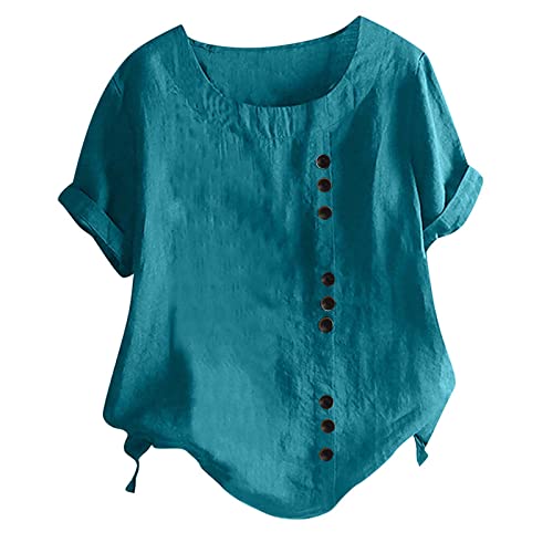 gelbes Tshirt Damen Leinenbluse Damen Vintage Shirt mit Knöpfen Kurzarm Tshirt Einfarbig/Blumendruck Bluse Sommer Leinenhemd Baumwolle Leinen Oberteile Rundhals Pullover Große Größen T-Shirt Blusen von NZYIHAO