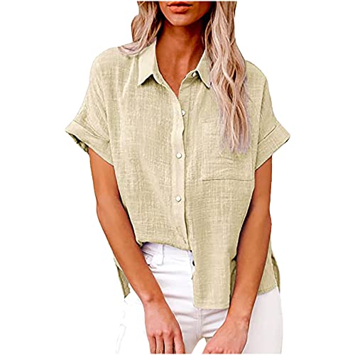 leinenbluse damen sommer Leinenhemd Damen Elegant Einfarbig Bluse V-Ausschnitt Button Down Hemd Baumwolle Leinen Hemdbluse Sommer Tshirt Tops Leinenbluse mit Knöpfen Kurzarm/Langarm Oberteile Blusen von NZYIHAO